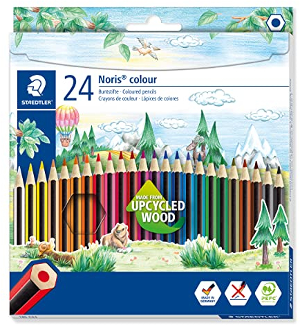STAEDTLER Buntstifte Noris colour, rutschfeste Soft-Oberfläche, hohe Bruchfestigkeit, Made from Upcycled Wood, intensive Farben, Sechskantformat, 24 Farbstifte im Kartonetui, 185 C24
