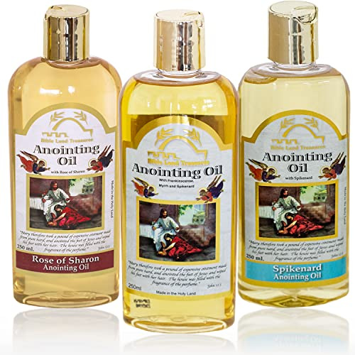 Bible Lands Treasure Huile d'onction pour prière Lot de 3 : Spikenard, Rose de Sharon, Myrrhe et Encens, Huile de bénédiction de joie 250 ml