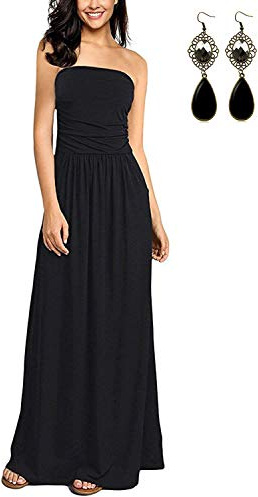 carinacoco Femmes Bohème Longue Maxi Robe de Plage Robes Bustier Été Floral Imprimé sans Bretelle Robe,Noir,M