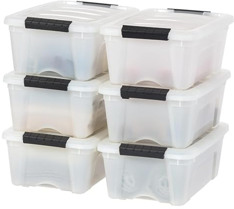IRIS USA 13 QT Plastic Storage Box with Lid and Latches - 6 Pack - BPA-Free, Discreet Organizing Solution, Durable Nestable Stackable Containers, Secure Pull Handle - Pearl