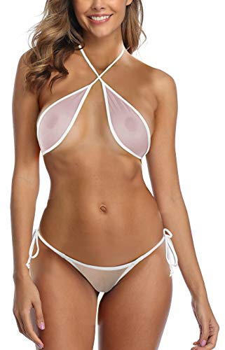 SHERRYLO Bikini en résille transparent - Mini micro bikinis transparent - Haut enveloppant - String brésilien, blanc, Taille Unique