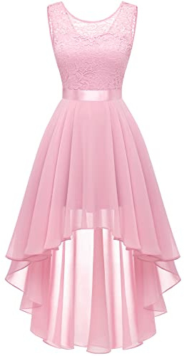 Berylove Vintage Robe de Cocktail Pin Up High Low en Dentelle Mousseline pour Mariage Soirée Bal Jupe Asymétrique sans Manche avec Ceinture 35 Pink L