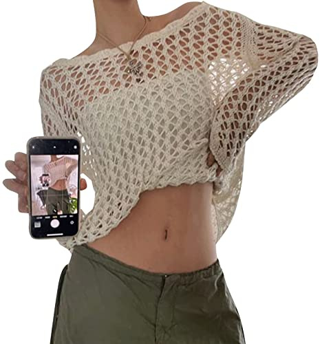 Yassiglia Y2K Pull à manches longues en crochet pour femme, haut court sexy ajouré en résille transparent, blanc, M