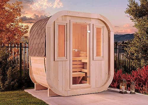 FinnTherm Fasssauna ScandiCube Mini XXS, Moderne Outdoor Sauna inkl. Dacheindeckung und Fußboden, Ø 214 x 130 cm, 4,5 m³ Volumen, Gartensauna mit 42 mm Wandstärke, Außensauna aus nordischer Fichte
