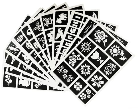 14 fogli di stencil per tatuaggi temporanei con glitter, 182 pezzi, stencil per tatuaggi all'henné, stencil glitterati per bambini e adulti, viso, mano, piede, dita