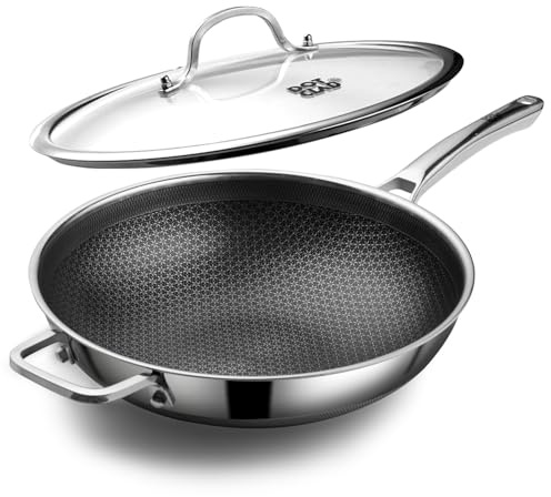 DOTCLAD Wok pan,Hybrid 12 inch Wok with Lid, PFOA Free Cookware,non stick Stainless Steel Woks & Stir-fry pans Nonstick, Dishwasher and Oven Safe, Works on Induction