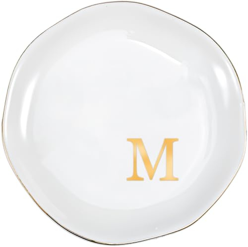 ProCase Svuotatasche Design Moderno in Ceramica, Vassoio Portagioie con Iniziali in Oro per Orecchini, Collane, Anelli -Bianco M