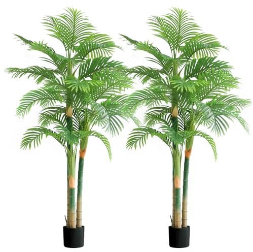 7FT Fake Palm Trees 2pcs, Artificial Golden Cane Palm Tree 84IN, Green Large Tropical Palm Fake Plant in Pot for Indoor Outdoor, Living Room Outside Patio Office Home Decor