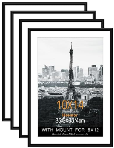 Hesmor 10 x 14 Inch Picture Frame Black Aluminum Acrylic Photo Frames 4 Packs Wall Hanging Post frame with Plexiglass Window For Display, Landscape or Portrait with Mat for 8 x 12 inch