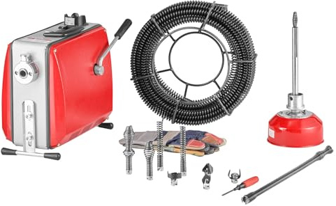 VEVOR Desatascador de Tuberías Eléctrico 500 W 1400 RPM con Cable de Resorte de 20 m x 16 mm, 0,4 m x 16 mm, 5 m x 9,5 mm y 8 Cabezales de Limpieza, Apto para Tuberías de 50 a 110 mm de Diámetro