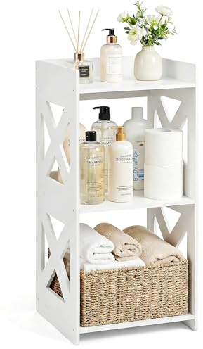 FONHAYE Small Bathroom Storage Corner Shelf, Waterproof PVC Narrow Floor Stand, Slim Gap Filler Organizer for Toilet Side, Laundry Room, Shower, Kitchen Spice Rack, White Restroom Holder (3-Tier)