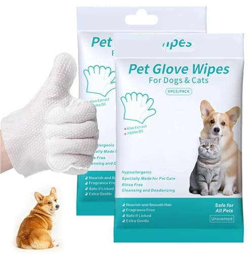 12 Pcs of Pet Glove Wipes Dog, Dog Cleaning Gloves, Wash Free, Thickened, Gentle Cleaning Grooming Wipes for Daily Care and Traveling, Easy Use on Fur Face, Body, Ear, Eye, Paws and Bum (12)