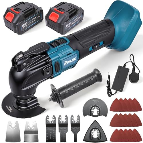 Rivlox Oscillating Multi Tools with 2Pcs 4.0Ah Battery, 20000 OPM 4° Oscillation Angle 6 Variable Speed Cordless Multi Tool for Removing Scraping Cutting, Saw Quick Change/Brushless Motor/LED Light