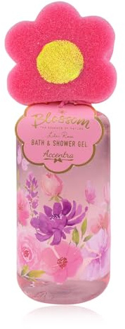 Accentra BLOSSOM - Gel doccia da donna con spugna da bagno in design floreale, 290 ml, in bottiglia con profumo di rosa lilla, pulizia delicata per doccia e bagno, idea regalo per compleanno e Natale