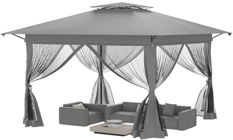 YUENFONG Pop Up hopfällbar paviljong 4 x 4 m, vikbar paviljong 3 nivåer justerbar höjd trädgårdstält med 4 myggnät, sidodelar, metallram paviljong, dubbeltak, festtält inkl. bärväska, silvergrå