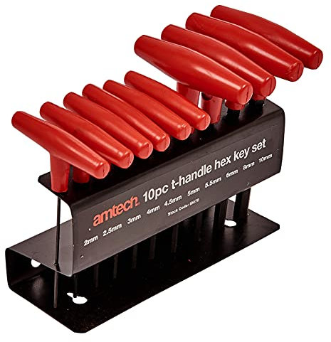 Amtech I9070 T-Handle Hex Key Set, Sizes 2, 2.5, 3, 4, 4.5, 5, 5.5, 6, 8 and 10mm, 10pcs Corrosion Resistance Carbon Steel Hex Keys