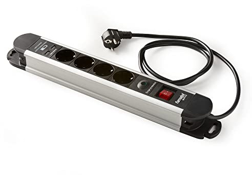 FAMATEL – Aluminum Power Strip with 4 Outlets + 2 USB Ports | Illuminated Power Switch | 1.5 Meter Cord | 3680W | Child Safety Protection | 45° Angled Sockets | Avoids Standby Power Waste | Black
