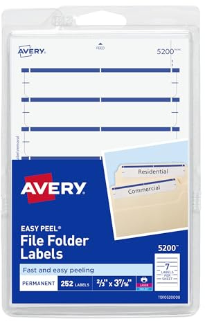Avery File Folder Labels on 4 x 6 Sheet, Easy Peel, White/Blue, Print & Handwrite, 2/3 x 3-7/16, 252 Labels (5200)