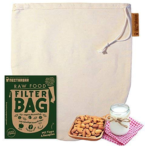 NECTARBAR Nussmilchbeutel aus ECO Baumwolle 24 x 27 cm - nut milk bag - Filterbeutel waschbar für Pflanzenmilch - Kordelbeutelzug für vegane Milch - Passierbeutel plastikfrei - Made in Germany