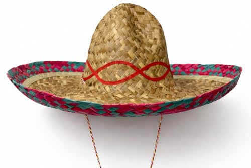 Brandsseller Chapeau sombrero Ø 60 cm – Chapeau mexicain en paille pour femmes et hommes – Idéal pour plage, été, carnaval, fête – Naturel/Bleu/Rouge