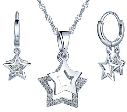 Yumilok Damen Halskette mit Stern Anhänger Damen Ohrringe Creolen Ohrstecker Zirkonia 925 Sterling Silber Schmuck Sets für Frauen Mädchen