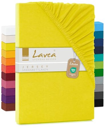 Lavea Spannbettlaken 120x200cm - aus atmungsaktiver Baumwolle - Passgenau für Standardmatratzen bis 20cm - Sonnengelbes Bettlaken mit Gummizug - Jersey Spannbetttuch 120x200cm