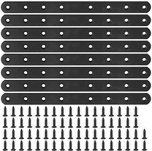 Glarks 8 Set di staffe angolari piatte dritte da 250 mm, piastra di collegamento in metallo nero con 70 viti per mobili in legno (250 x 20 x 3 mm)