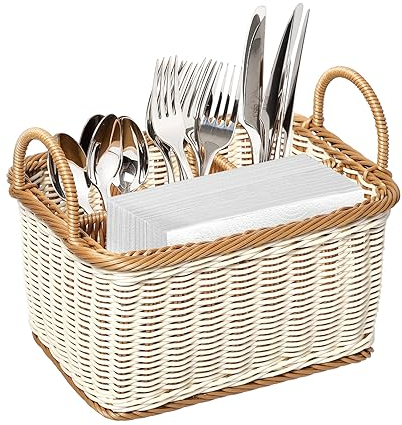 HEMOTON Besteckhalter aus Rattan, Besteckkorb geflochten für den Tisch, Tischbutler für Besteck und Utensilien mit Griffen und 4 Unterteilung Fächer, für Küche, Esszimmer, Garten oder Picknick