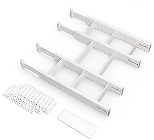 SpaceAid Bamboo Drawer Dividers with Inserts and Labels, Kitchen Adjustable Drawer Organizers, Expandable Organization for Home, Office, Dressers, 4 Dividers with 9 Inserts (17-22 White)
