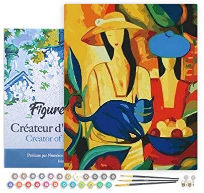 Figured'Art Peinture par Numéro Adulte avec Cadre Femmes et Chat bleu - Activité Manuelle Kit de Loisir Créatif DIY Numéro d'Art Complet - 40x50cm toile tendue sur châssis