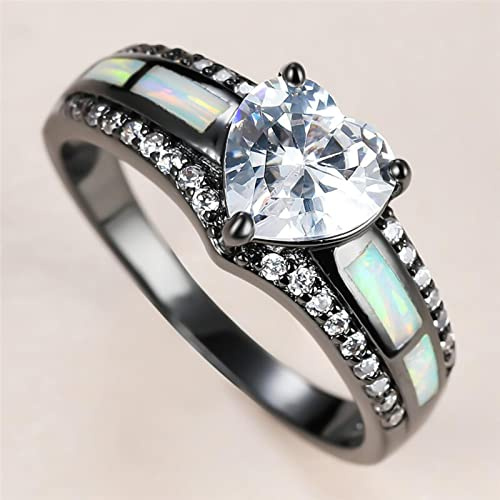 STOPI Bonito Anillo De Cristal con Corazón De Amor para Mujer, Anillos De Boda Grandes De Oro Negro para Mujer, Anillo De Compromiso De Piedra De Ópalo Blanco De Lujo
