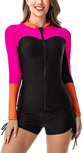 Rashguard Set Femme Combinaison Surf 2 Pièces Maillot de Bain Manche Longue Shorty Piscine Ensemble T-Shirt et Short Anti UV XL