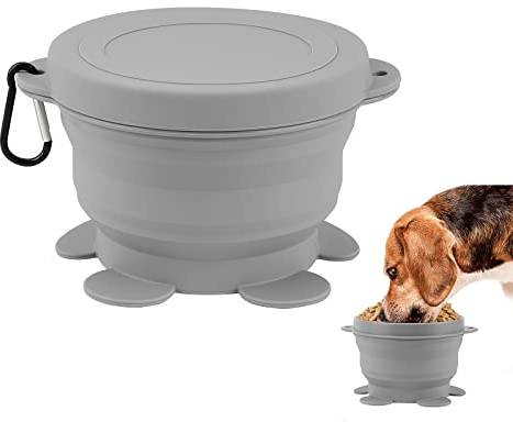 Adorila Cuenco plegable para perros con tapa, cuenco plegable de silicona para viajes, cuenco portátil para alimentación de mascotas para acampar al aire libre, senderismo (gris)