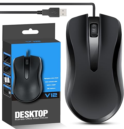 Wired USB Mouse, 3-Button Optical Mouse with 1000 DPI Tracking, Ergonomic for Left or Right Handed Users, Compatible with PC, Laptop, Mac, Chromebook – Black
