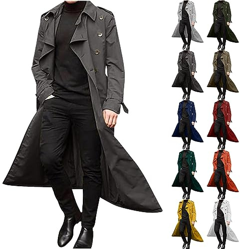Hommes Couleur Unie Manteau Long Trench-Coat Mince à Manches Longues Double Boutonnage Pardessus Veste Longue Classique Casual Outwear Col Revers Manteaux Blouson Homme Parka Outwear Mode Automne