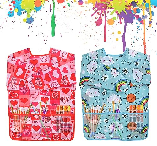 volumoon 2 Pz Grembiule Pittura Bambini 3-7 Anni Grembiulino Impermeabile Scuola Maniche Lunghe con 3 Tasche Grembiule per Pittura,Grembiule da Gioco/Pittura/Cucina/Scuola