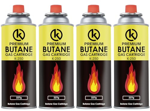 KROWN - Pack de Cartuchos de Gas Butano Recambio de Gas Propano Portable Gas Butano Compatible para Cocina Portátil, Hornillo, Soplete Soldador, Camping K-250 227gr (4 Unidades)