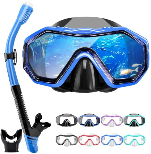 Tyuodna Kit de plongée pour adulte, panoramique HD à 180°, avec tuba, anti-fuite et anti-buée, kit de snorkeling sec, noir et bleu