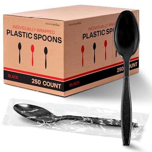 Stock Your Home Heavyweight Plastic Spoons, 250 Count, Disposable Bulk Pack, Individual Wrapped, Heavy Duty Party Supplies