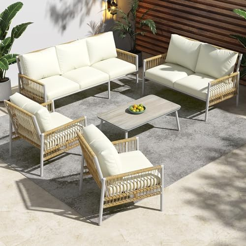 Ensemble de mobilier de jardin Merax avec 7 sièges, mobilier de balcon extérieur avec table basse, mobilier de patio avec coussins amovibles et lavables pour balcon, patio, ensemble de salon de jardin