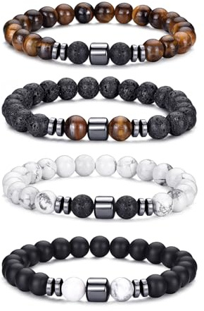 RANKEEF Bracelet Oeil de Tigre pour Hommes 8MM Ensemble de Bracelets de Perles de Pierre Naturelle Bracelets de Pierre de Lave Extensibles Bracelet de Perles de Cristal Noir réglable pour Hommes