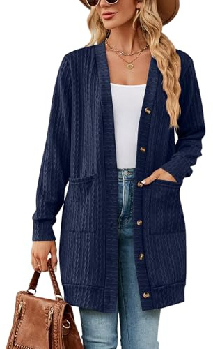 Atxnn Cárdigan Mujer con Cuello V Chaqueta de Punto Delantera Abierta Suéteres con Botones y Bolsillos Jersey Cárdigans Elegante Rebeca Otoño Invierno, Azul Navy L