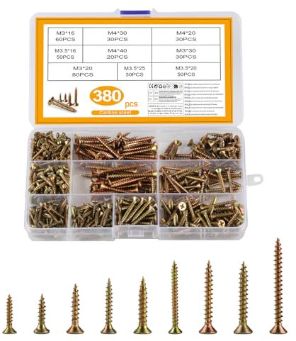 Lot de 380 vis à bois M3 M3,5 M4 - Vis autotaraudeuses avec tête fraisée - Vis à tête fraisée - Vis cruciformes pour panneaux d'aggloméré - Vis à tête plate pour réparation de projet DIY