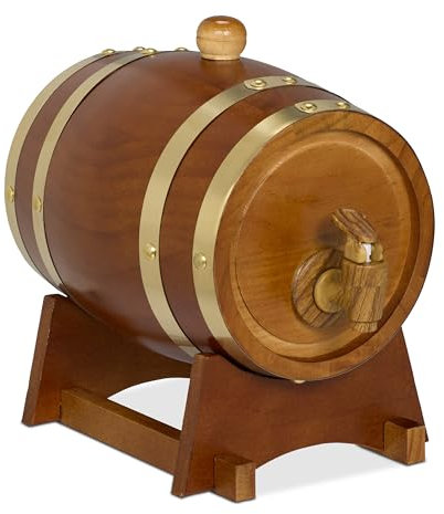 Relaxdays Whiskyfass, 1,25 l, Holz, Schnapsfass mit Bock & Zapfhahn, für Wein, Spirituosen, Deko Holzfass, Dunkelbraun