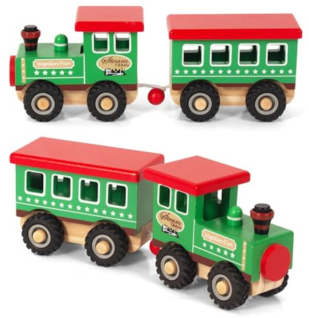 WOODENFUN Grüner Holzzug für Mädchen und Jungen hölzerner Stapelzug Dampfzug mit 2 Waggongs Weihnachts- und Geburtstagsgeschenke