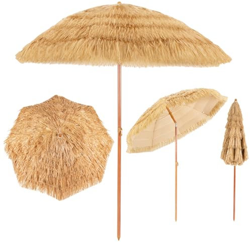 COSTWAY Parasol deJardin Exterieur Φ200 CM, Parasol Balcon Solaire en 9 Couches Paille PP, 30° Inclinaison et Manivelle, 8 Baleines, Toit Ventilé, pour Jardin Terrasse Piscine