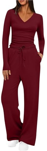Conjunto Deportivo Mujer de Dos Piezas Chandal Mujer Completo Traje de Slim Fit Cuello V Camiseta Manga Larga y Pantalones Anchos Casual Color Liso Ropa Deportiva Cómodo Jogging Tracksuit Baratos