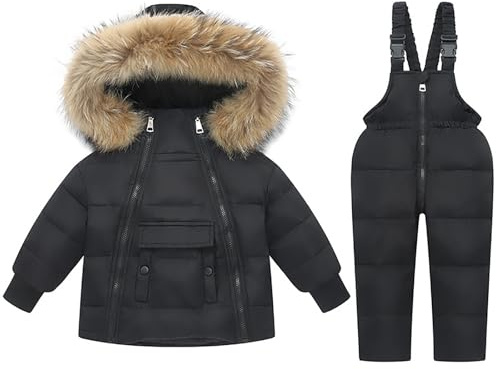 Snödräkt för barn, 2-delat set med pufferdunjacka med huva + snö haklapp byxor ultralätt skiddräkt vinterskidkläder set vindtät vattentät skiddräkt, Svart, 120