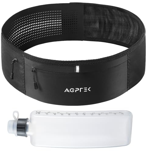 AGPTEK Ceinture Running Homme Femme Respirante Ceinture d’Hydratation 300ml | Scratch Ajustable, Bandes Réfléchissantes, Pochette Téléphone Étanche Zip pour Course Randonnée Marathon Cyclisme, M