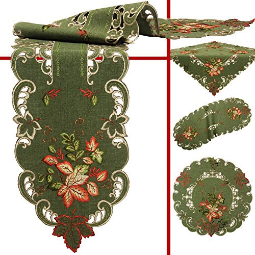 Quinnyshop Herbstlaub Stickerei Tischläufer 30 x 45 cm Oval Polyester, Grün